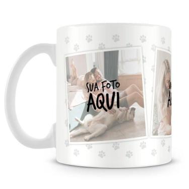 Imagem de Caneca Personalizada Seu Pet com 3 Fotos e Estampa de Patinhas - Amo C