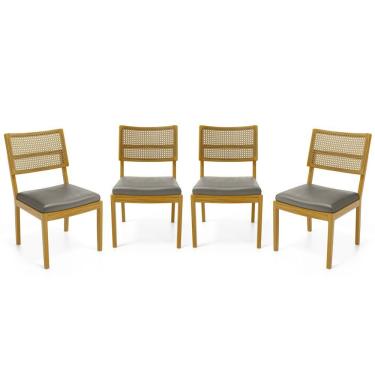Imagem de Kit Com 4 Cadeiras Milena Madeira Maciça Assentos Estofados Encostos De Tela Palha Sextavada Veludo Chumbo 109