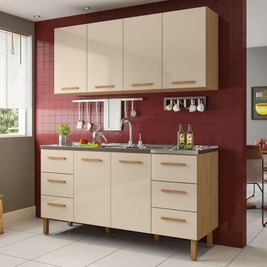 Imagem de Armário De Cozinha Com Balcão Belém 2 Portas 6 Gavetas Amêndoa Off