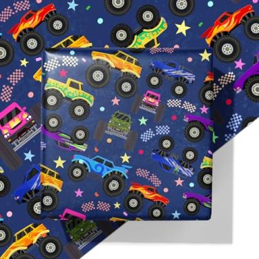 Imagem de Cuitpan Papel de embrulho Monster Truck – Caminhões monstros coloridos com estrelas, pontos e estampas divertidas – Ideal para crianças e entusiastas de carros – 101 × 71 cm, 4 folhas dobradas