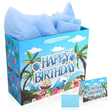 Imagem de Conjunto de Sacolas para Presente Aniversário Tema Oceano Desenho Animado, Inclui Envelope Papel Perolado e Cartão Comemorativo Tema Havaiano Sacolas Lembrancinhas para Chá Bebê e Festas Halloween