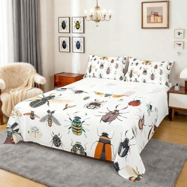 Imagem de Jogo de lençol com besouros coloridos, casa de fazenda rústica, vida selvagem, decoração de quarto de adolescentes, poliéster macio (lençol de cima e elástico com 1 fronha)