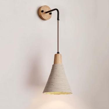 Imagem de Luminária de parede de madeira retrô, luminária de parede de cimento vintage, luminária rústica de parede de concreto Wabi Sabi, luminária de decoração de fio de madeira maciça nórdica moder