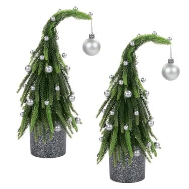 Imagem de U'Artlines 2 peças de árvore de Natal artificial pequena, 30,5 cm, peculiar, curvada, verde, miniárvore de Natal com bolas prateadas, ornamentos para festas de fim de ano, mesa de casa, centro de mesa
