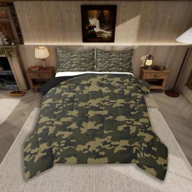 Imagem de Feelyou Conjunto de edredom de camuflagem para todas as estações, caçador de patos, verde camuflado, com 2 fronhas, camuflagem militar, roupa de cama de casal infantil, edredom respirável, macio e