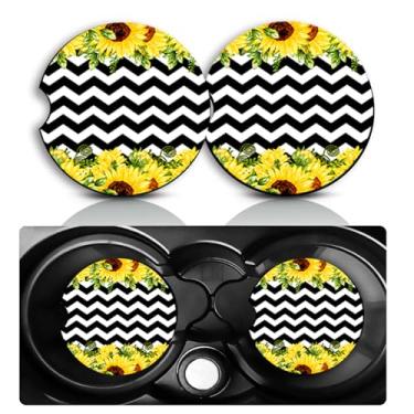 Imagem de Conjunto de 2 porta-copos de tiras de girassol horizontais para carro – Acessórios divertidos para carros de girassol 7 cm, tamanho universal, tapete de borracha antiderrapante, porta-copos, girassóis