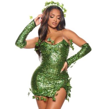 Imagem de Vestido feminino de Halloween, cospaly, vestido colado ao corpo, sem alças, folhas falsas, vestido de lantejoulas com luvas + conjunto de acessórios para a cabeça (A-verde, P)