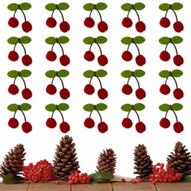 Imagem de 12 peças de enfeites de cereja vermelha para árvore de Natal, enfeites pendurados em forma de cereja de feltro para decoração de árvore de Natal