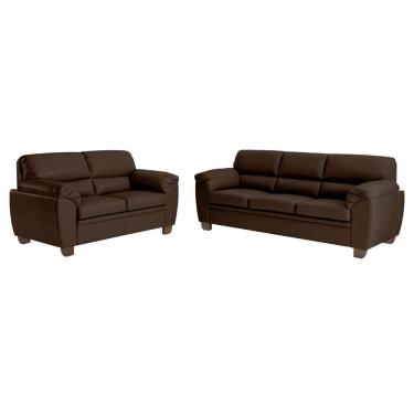 Imagem de Conjunto de Sofás 2 e 3 Lugares Sala de Estar Pés em Madeira Nauru Couro Tabaco - Gran Belo