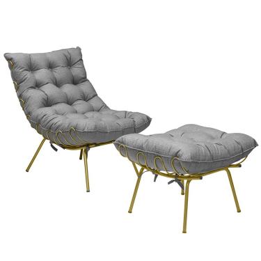 Imagem de Conjunto Decorativo Poltrona e Puff Abel Base de Ferro Dourada Linho Cinza  - Gran Belo