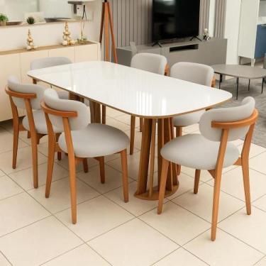 Imagem de Mesa de Jantar 1,80m Retangular com Tampo de Vidro e 6 Cadeiras em Mad