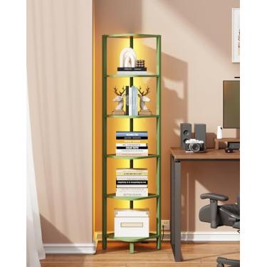 Imagem de TUTOTAK Prateleira de canto com luz LED, estante de canto de 6 camadas para espaços pequenos, suporte de prateleira de canto estreito com rack de armazenamento, para sala de estar, quarto, verde-oliva