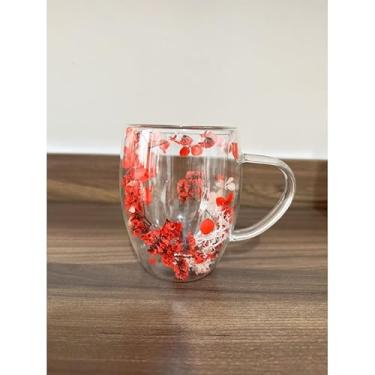 Imagem de Caneca Xícara de vidro duplo com flores artificiais no interior 350ml (03-C)