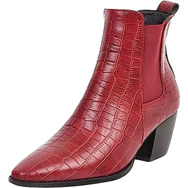 Imagem de Botas femininas de cano baixo, bico fino, sem cadarço, salto médio, botas de cano baixo, bico fechado, botas de couro, Vermelho, 41 BR