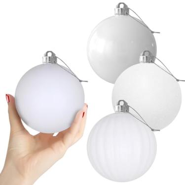 Imagem de Bolas de Natal brancas grandes de 10 cm – enfeites de árvore de Natal, bolas penduradas à prova de estilhaçamento para aniversário, Halloween, férias, casamento, conjunto de 4 peças