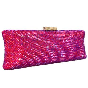 Imagem de Dazzling Bolsa feminina de cristal para noite com estrutura metálica para festa de casamento e bolsa de mão Minaudiere, Hot Pink, Medium
