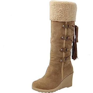 Imagem de Botas femininas longas de inverno para neve com forro de pele quente com cadarço e salto anabela, botas longas antiderrapantes para inverno botas de cano alto com pullon, Amarelo, 38 BR