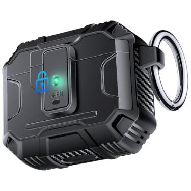 Imagem de Capa Amoured AutoPOP para AirPods 4ª geração com trava e chaveiro, proteção resistente de 360° e mecanismo de abertura de 1-clique, compatível com capa de bloqueio MagSafe AirPods 4 - preta