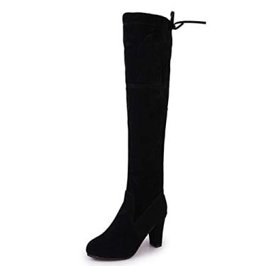 Imagem de Bigfanshu Botas femininas de camurça acima do joelho com cadarço e salto alto sexy feminino casual fino botas de cano alto, Preto, 40 BR
