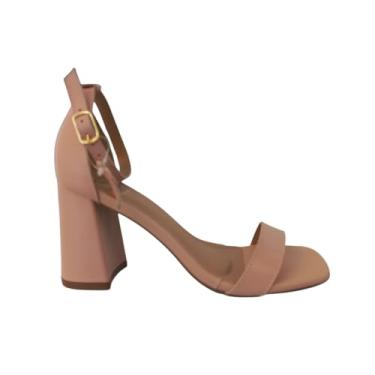Imagem de QR Shoes, Sandália Feminina Nude Rosé Salto Alto Grosso em Couro Fivela Cor:Nude;Tamanho:38