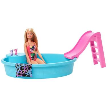Imagem de Boneca Barbie com Piscina, Escorregador, Acessórios para Bebidas e Toalha, Rosa