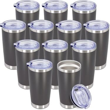 Imagem de Copo de café de 590 ml, copos de viagem a granel com tampa, aço inoxidável, parede dupla, isolados a vácuo, copos revestidos em pó, serve para porta-copos de carro para quente e frio - cinza, pacote