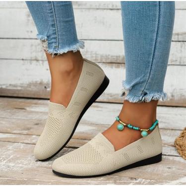 Imagem de Sapatilhas de balé femininas de malha, confortáveis, casuais, elegantes, para trabalho, bico redondo, sem cadarço, sapatilhas, sapatilhas, para mulheres, Bege, 38