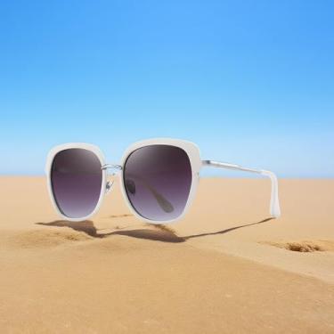 Imagem de Óculos de sol femininos vintage com armação de escudo grande para mulheres com caixa de presente, Armação branca/lente gradiente preta/hastes prateadas, Lens Width: 55 Millimeters