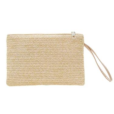 Imagem de Bolsa feminina de palha clutch de tecido boêmio bolsa de pulso para praia verão bolsa de mão com zíper carteiras para mulheres
