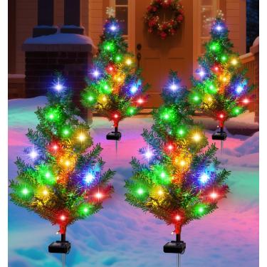 Imagem de Árvore de Natal solar para decoração ao ar livre, decorações solares de Natal à prova d'água, luzes de estaca de jardim, prelit artificial de LED multicolorido, decoração de Natal para paisagem