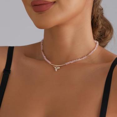 Imagem de Colar de cristal e coração de pérola de fada da floresta, corrente em camadas boêmia para donzela gentil, presente de joias de pescoço delicado chique (pássaros rosa)