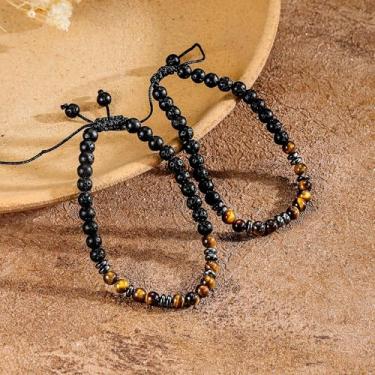 Imagem de 2 pares de pulseiras para mulheres e homens - pulseira de corda trançada preta com olhos de tigre, corrente de bola delicada que não mancha à prova d'água, presentes de aniversário personalizados