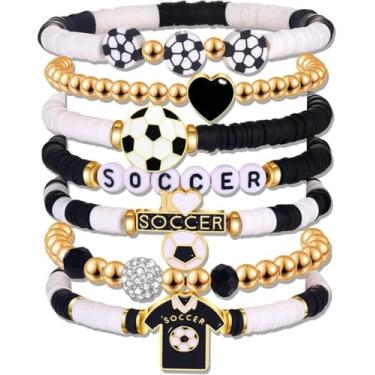 Imagem de KLSKLYL 【Conjunto de 8 peças de pulseiras Super Bowl】 Pulseiras com tema esportivo para dia de jogo – Conjunto de miçangas unissex de futebol, basquete, vôlei e beisebol, One Size, Argila de polímero