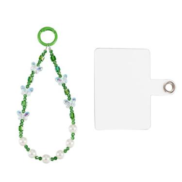 Imagem de Pulseira feminina com contas e berloques de borboleta, antiqueda, com folha de plástico, pingentes de telefone destacáveis estéticos para todos os smartphones, decoração de chaveiro, bolsa, verde