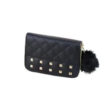 Imagem de Carteira feminina elegante com porta-cartões de poliuretano, pequena carteira feminina com bolso para moedas e decoração de bola de pelúcia, bolsa de moedas portátil com zíper para uso diário, Preto