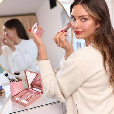 Imagem de Conjunto de pincéis de maquiagem para viagem com espelho, compacto, portátil, kit de 5 peças para bolsa, cosméticos externos para esposa e mãe (marrom)