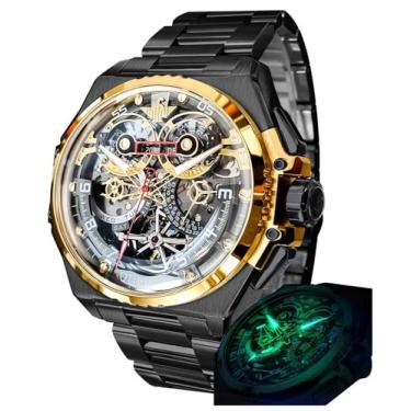 Imagem de OUPINKE Relógio de pulso masculino automático, cristal de safira, calendário, esqueleto, luminoso, mostrador 3D com pulseira de aço de tungstênio de luxo à prova d'água 5 ATM, Dourado e preto