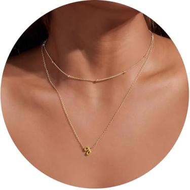 Imagem de Colar feminino com inicial em camadas, pingente de letra A-Z, gargantilha de corrente dupla, joias delicadas em camadas, estilo minimalista, 14+2in/16+2in, Aço inoxidável, Sem Pedra Preciosa