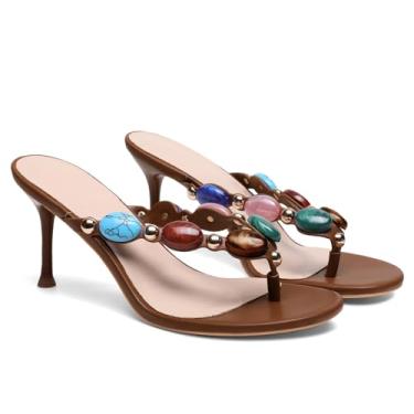 Imagem de Oakmoo Sandália feminina com tiras estilo tanga feminina verão mules salto gatinho bico aberto redondo salto médio moda festa casamento vestido tanga casual sapatos, Marrom, 39