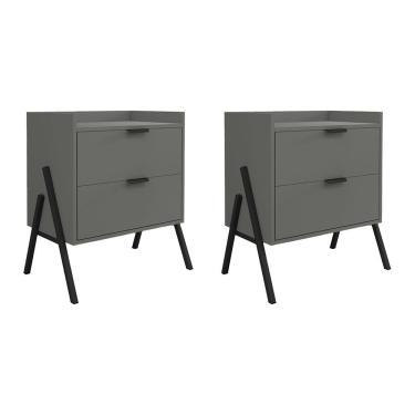 Imagem de Kit 2 Mesas De Cabeceiras Retrô Com 2 Gavetas Asher 45cm - Cinza