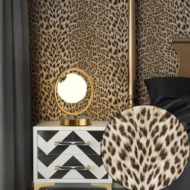 Imagem de HueBurst Papel de parede Trational com textura de leopardo realista para cobertura de superfície de parede, 43,9 cm x 599,9 cm Papel de parede dourado com glitter leopardo papel de parede 3D em relevo
