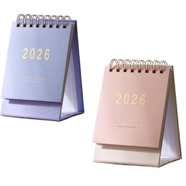 Imagem de 2 Pcs Mini Desk Calendar 2026, Standing Spiral Flip Desktop Calendar 2026, Mini New Mensal Small Pocket Calendar, para Home Office School " (Rosa + Roxo)