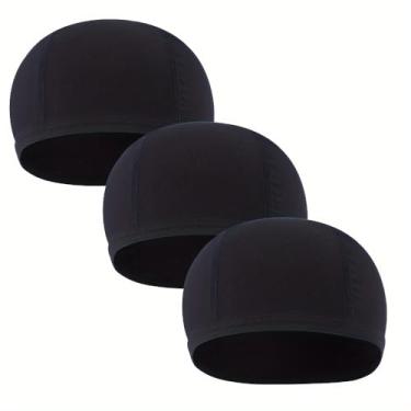 Imagem de 3 peças de touca de natação de tecido preto puro para homens e mulheres, material elástico durável e não impermeável, cabelos longos e curtos são adequados para iniciantes em natação