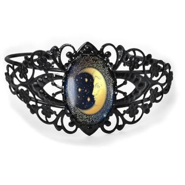 Imagem de Pulseira de filigrana lua crescente - Acessório celestial feito à mão, bronze antigo prata ou preto, joias de vidro vintage estilo vitoriano feitas à mão - 615-CB, Adjustable, Vidro, Sem Pedra