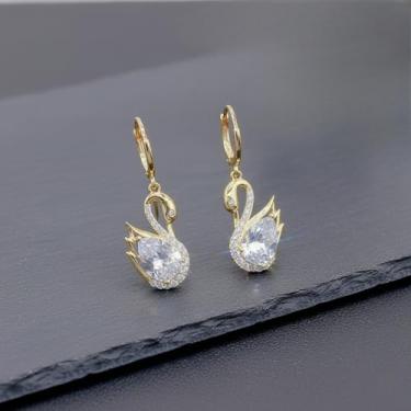 Imagem de Brincos de gota de cisne banhados a ouro com zircônia cúbica, elegante design de cisne pequeno cristal joias presentes, Medium, Metal, Sem pedra preciosa