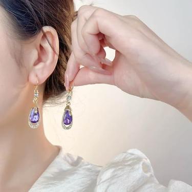 Imagem de Brincos femininos banhados a ouro com pingente de gota longa sem piercing, brincos de argola de zircônia cúbica cintilante, clipes de orelha, joias de declaração, festa, formatura, casamento, amizade