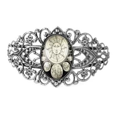 Imagem de Pulseira de filigrana da fase do sol e da lua - arte esotérica antiga, bronze antigo prata ou preto, joia de vidro vintage vitoriana feita à mão - 29-CB, Adjustable, Vidro, Sem Pedra Preciosa