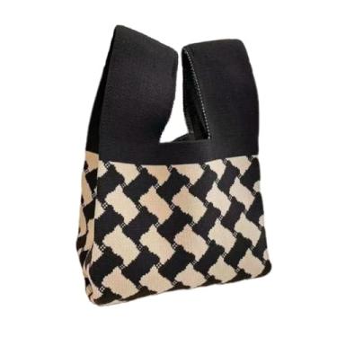 Imagem de Bolsa listrada preta e branca com nó de malha mini sacola de lona, Xadrez, Small