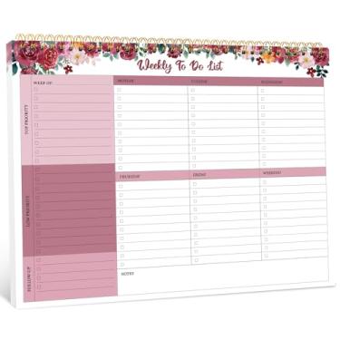 Imagem de Bloco de notas semanal com 52 folhas sem data (21 x 28 cm) - agenda semanal de mesa para mulheres e homens, trabalho e casa - Crimson Garden