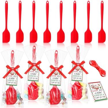Imagem de Jingmore Conjunto de 12 espátulas de silicone de Natal, espátulas de bolo vermelho, fita de cetim, cartões de felicitações de Natal e bolso plano transparente para cozinha, suprimentos de cozinha